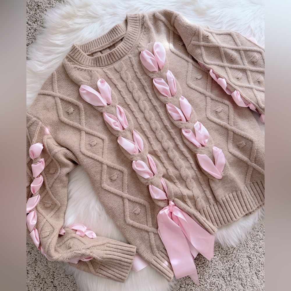 Beige Coquette Ribbon Sweater with Pink Bows - Picture 3 of 4